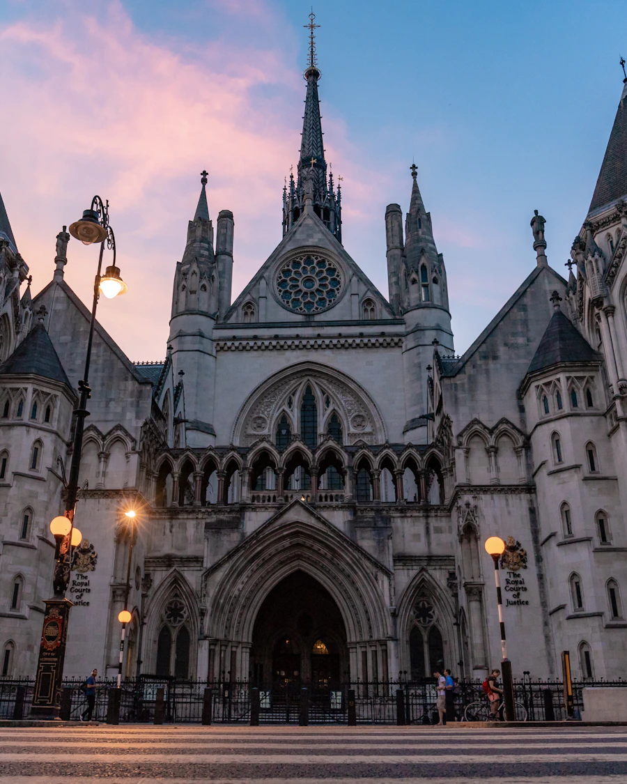The entrance front of the Royal Courts of Justice on the Strand, London