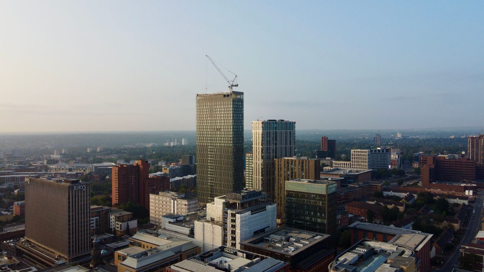 Birmingham skyline under a clear blue sky
