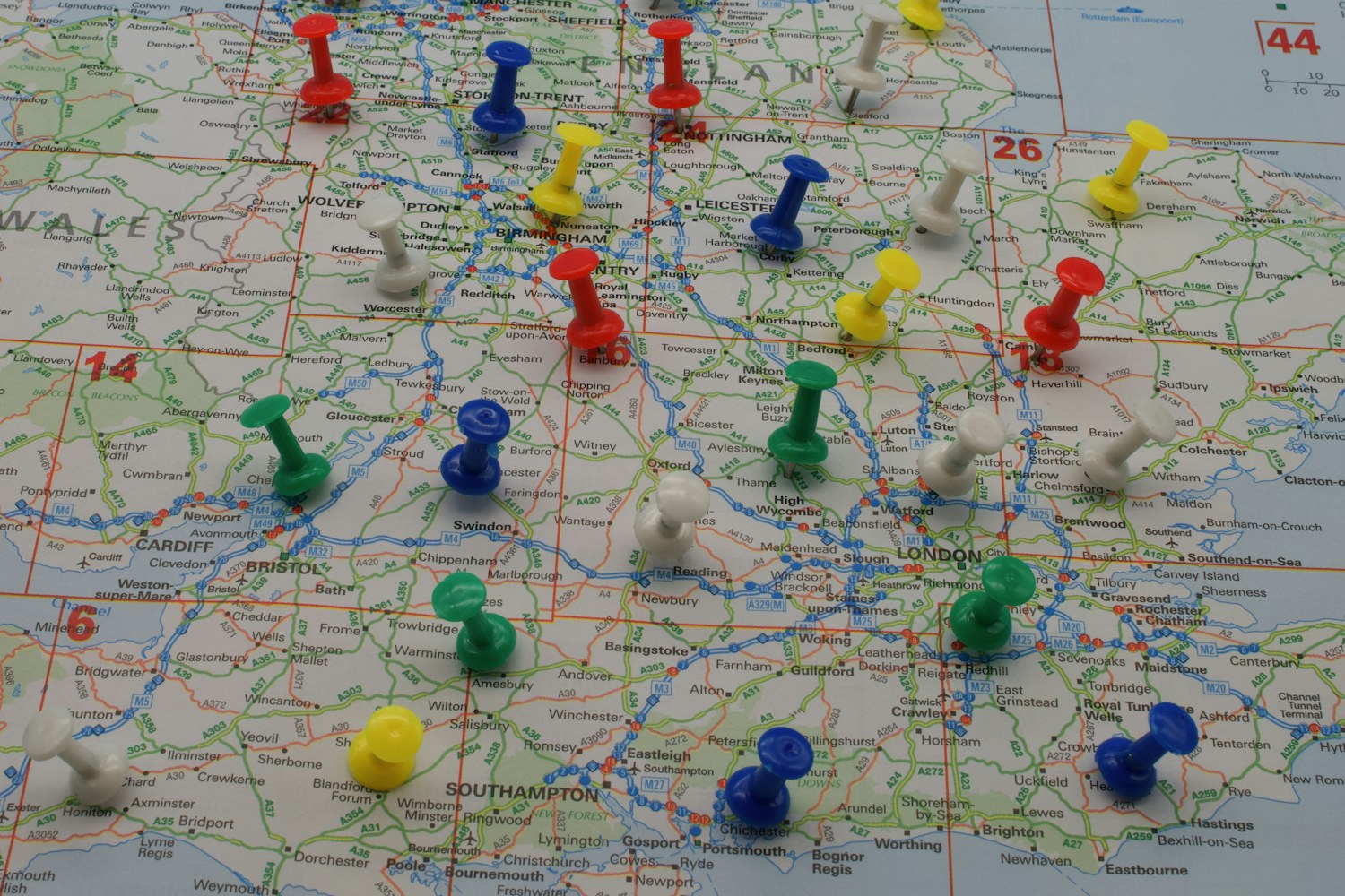 Map of England marked with location pins