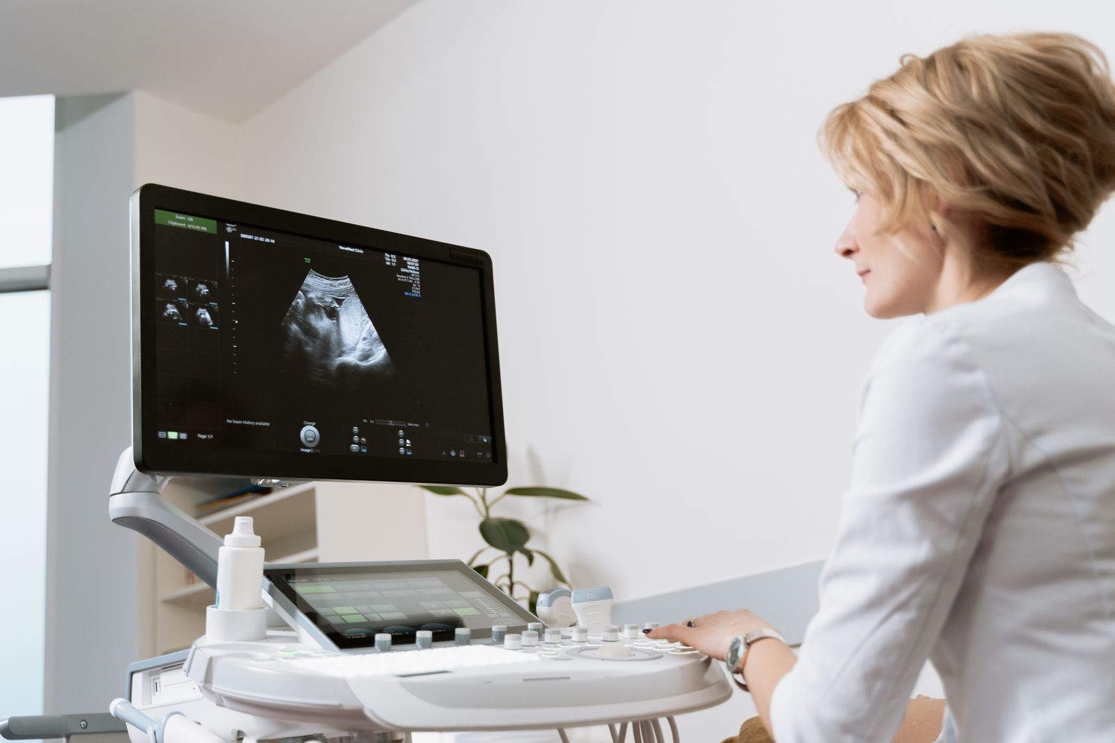Urologist expert witness — Clinician reviewing a urinary tract ultrasound, the imaging urology expert witnesses interpret